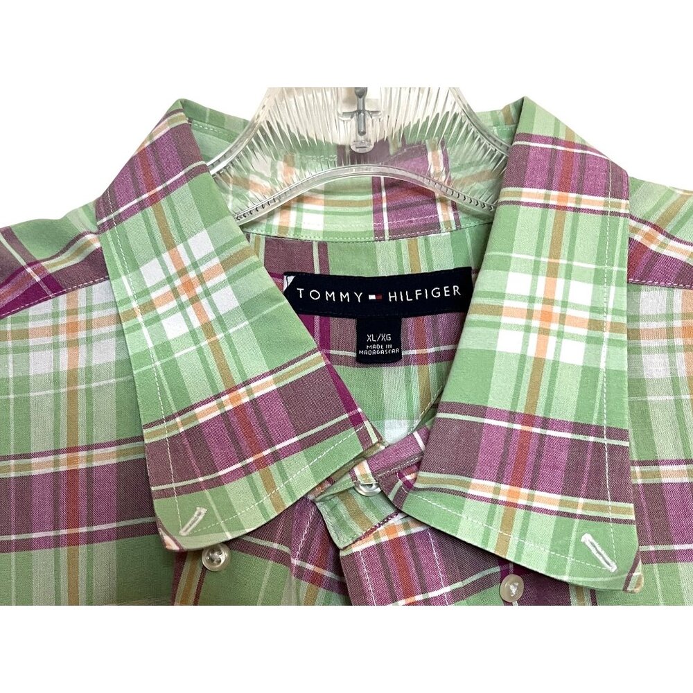 Tommy Hilfiger Mens Plaid Short Sleeve Button-Up Shirt XL Green & Purple Cotton - Picture 4 of 9